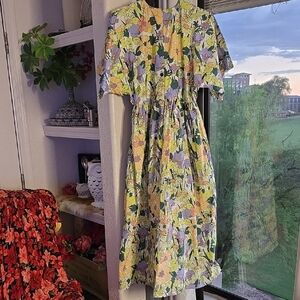 ASOS Vintage Floral Midi Cotton Dress - Yellow and Purple Relaxed Fit Size 2